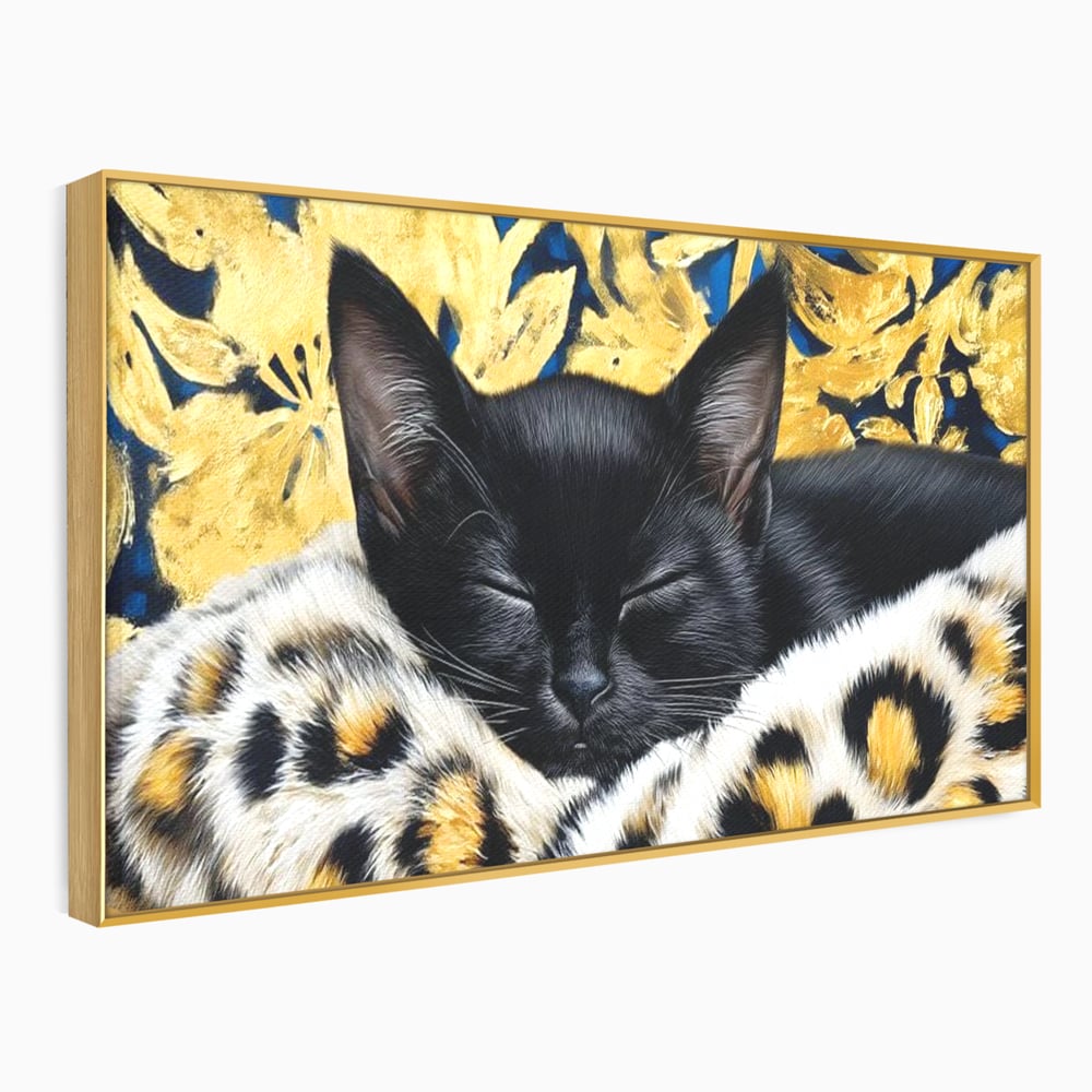 Tablou canvas cu tablou canvas cu pisica neagra dormind, in rama de aluminiu auriu